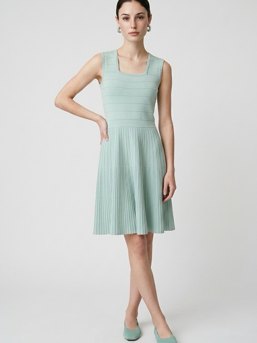 Pink Tartan Square Neck Textured Knit Dress Green